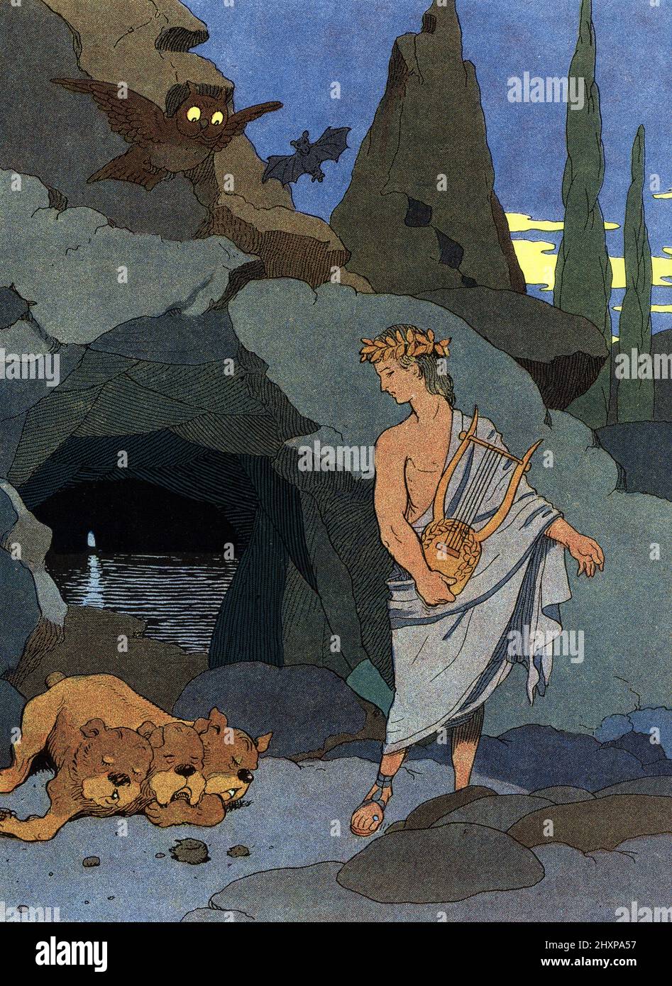 'Le poete Orphee et sa lyre endort Cerbere le chien a trois tetes' ( legendary musician and prophet in ancient Greek religion Orpheus playing the lyre to the multi-headed dog Cerberus who fall asleep) Illustration de Benjamin Rabier (mort en 1939) pour 'les animaux mythologiques' 1926 Collection privee Stock Photo