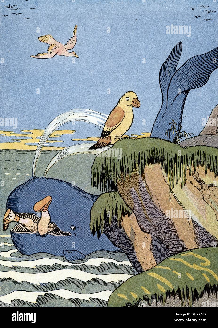 'Jonas avale par la baleine' (Jonah and the whale) Illustration de Benjamin Rabier (mort en 1939) pour 'les animaux historiques' 1926 Collection privee Stock Photo