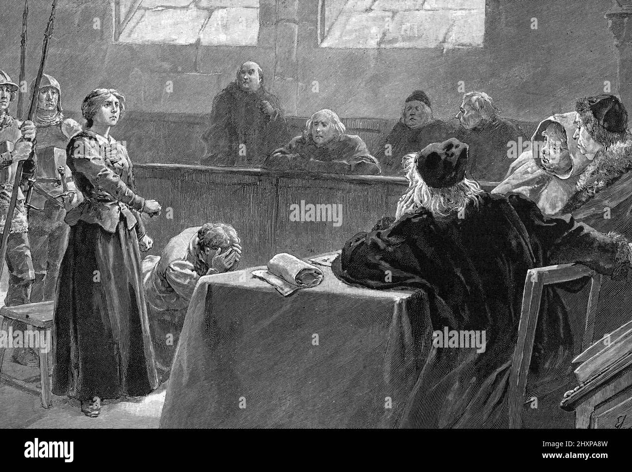'Le proces de Perinaik compagne d'armes de Jeanne d'Arc (1412-1431)' Gravure tiree de 'Sang gaulois' d'Edouard Zier 1905 Collection privee Stock Photo