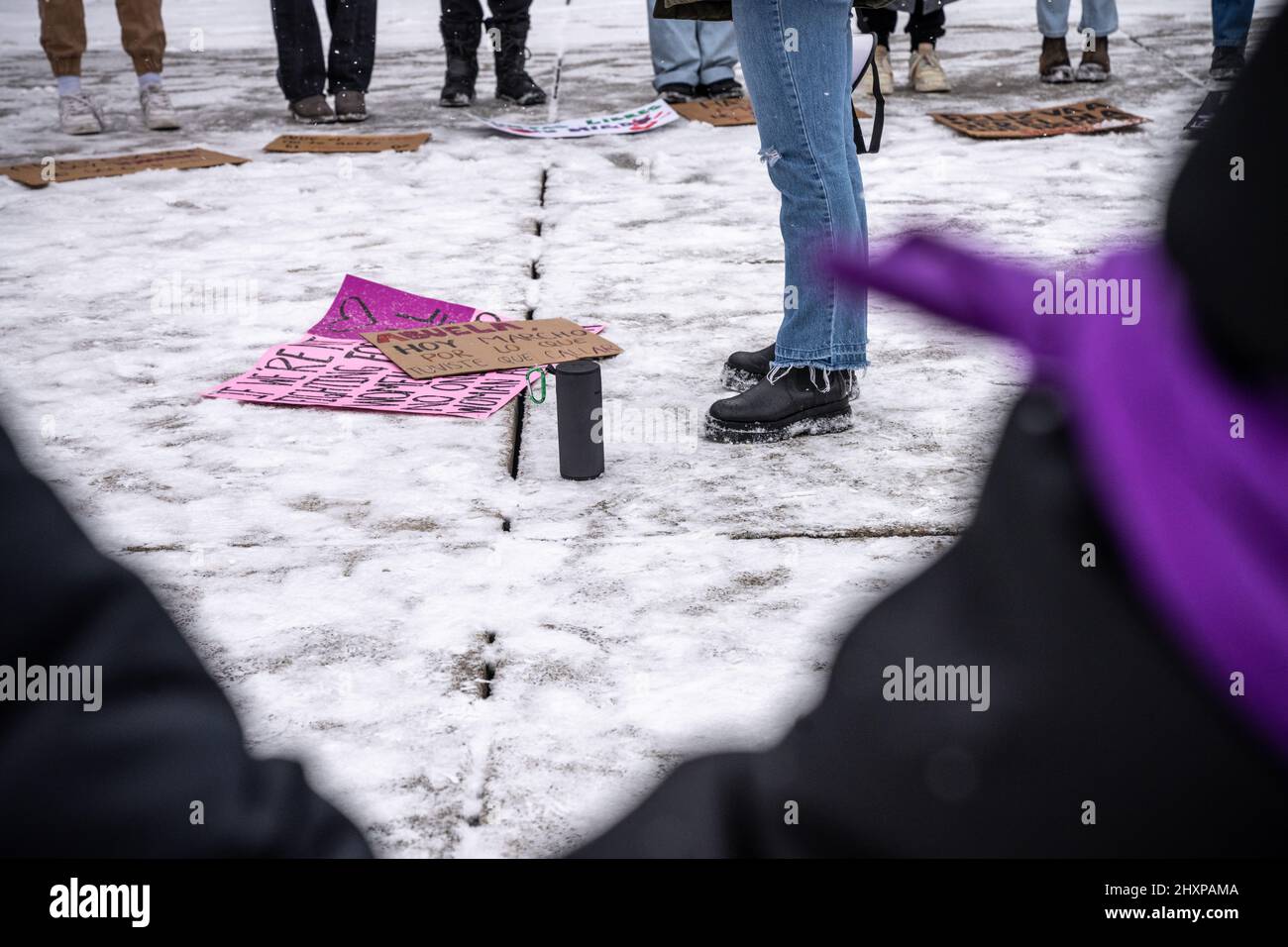 Toronto, Canada. 13th Mar, 2022. Placards seen on the ground during the ...