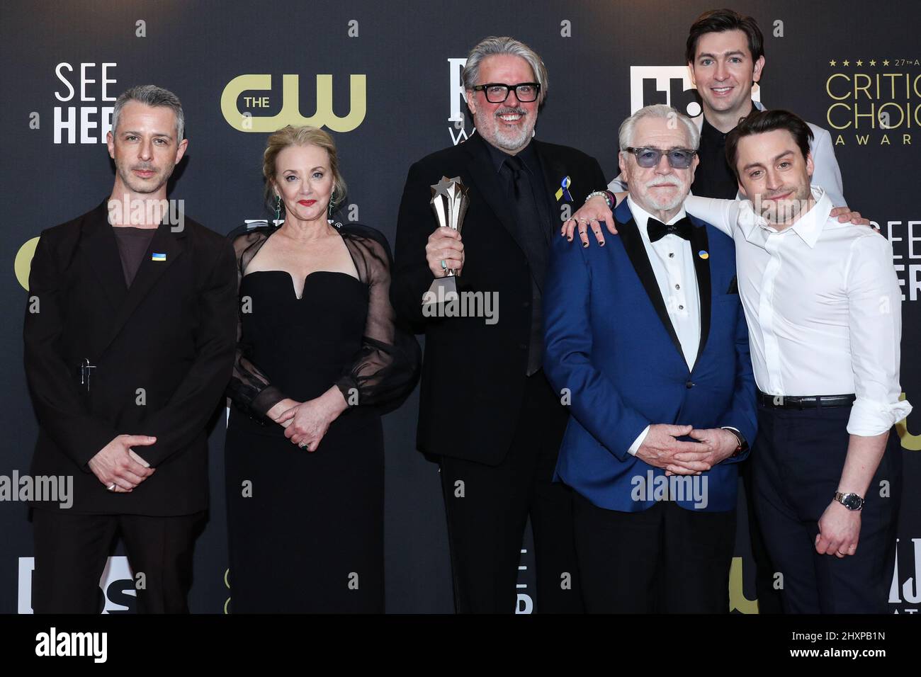 Century City, United States. 13th Mar, 2022. CENTURY CITY, LOS ANGELES, CALIFORNIA, USA - MARCH 13: Jeremy Strong, J. Smith-Cameron, Scott Ferguson, Brian Cox, Nicholas Braun and Kieran Culkin pose in the press room after receiving the Best Drama Series award for 'Succession' at the 27th Annual Critics' Choice Awards held at the Fairmont Century Plaza Hotel on March 13, 2022 in Century City, Los Angeles, California, United States. (Photo by Xavier Collin/Image Press Agency) Credit: Image Press Agency/Alamy Live News Stock Photo