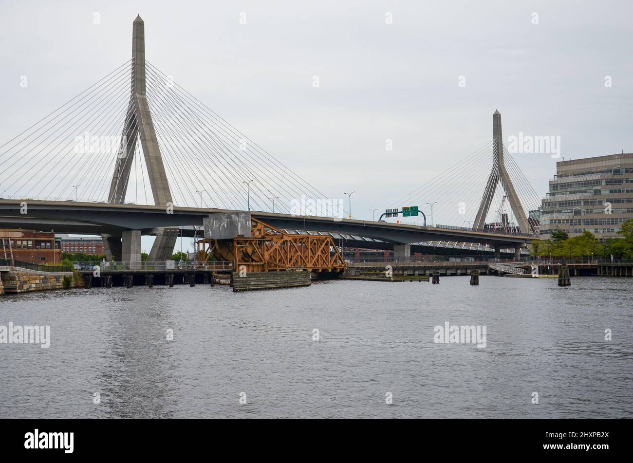 View of the Leonard P. Zakim Bunker Hill Memorial Bridge over the Charles River in bad weather Stock Photo