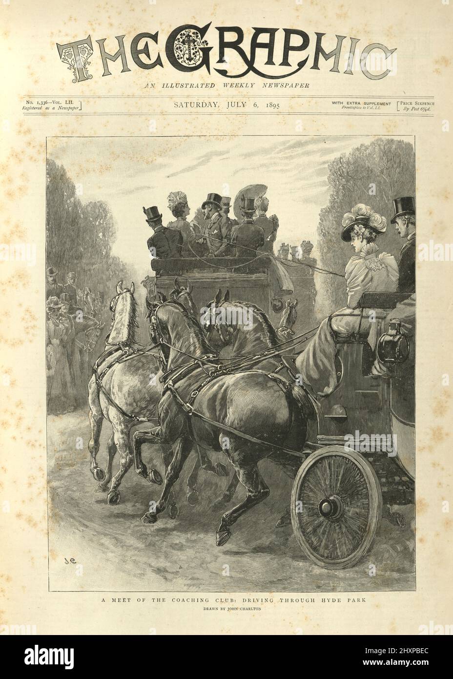 Meet of the coaching club, driving through Hyde Park. By John Charlton. Front page of the Graphic illustrated newspaper for July 6th 1895. Stock Photo