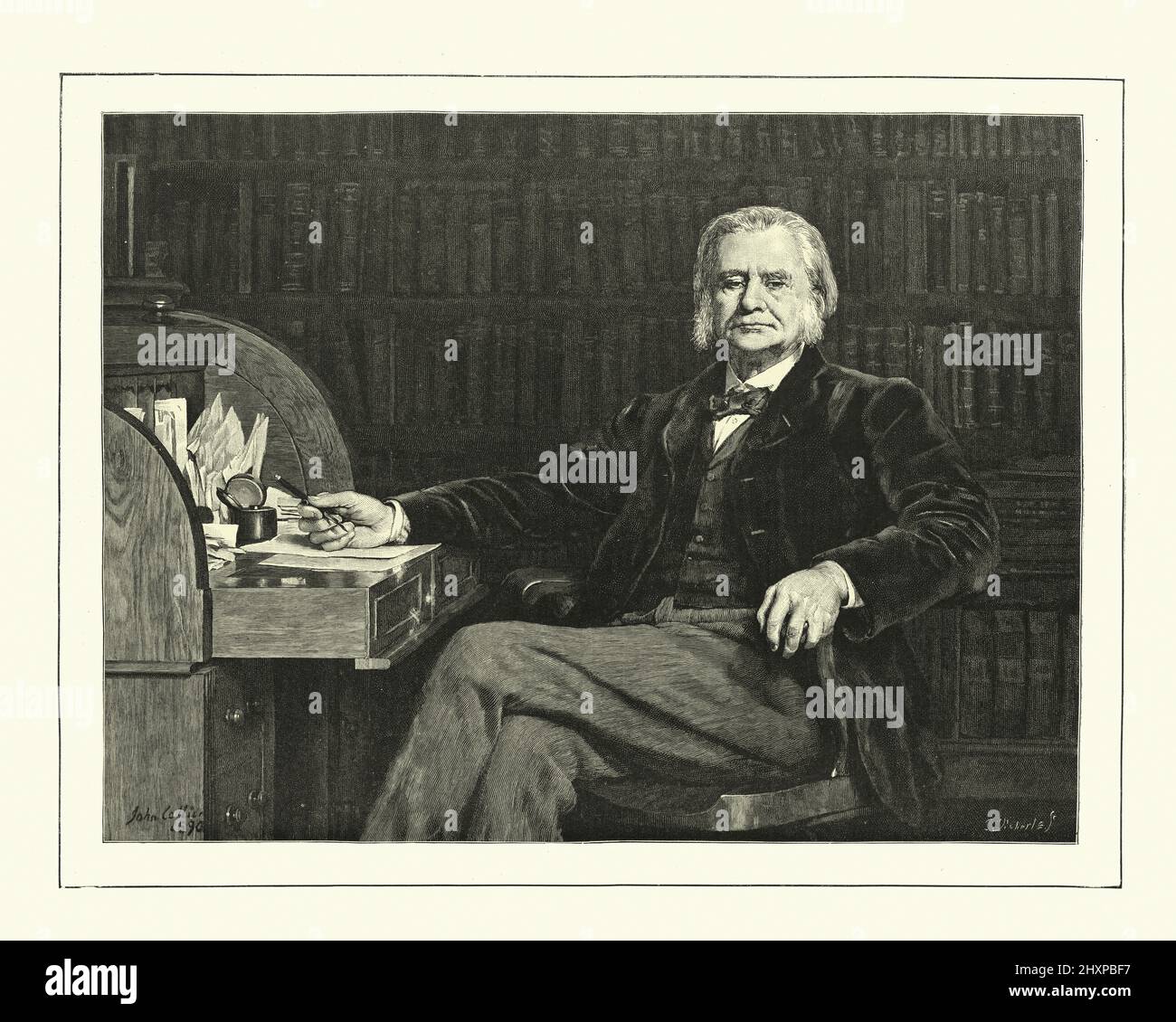 Vintage illustration of Thomas Henry Huxley (4 May 1825 – 29 June 1895) was an English biologist and anthropologist specialising in comparative anatomy. He is known as 'Darwin's Bulldog' for his advocacy of Charles Darwin's theory of evolution. Stock Photo