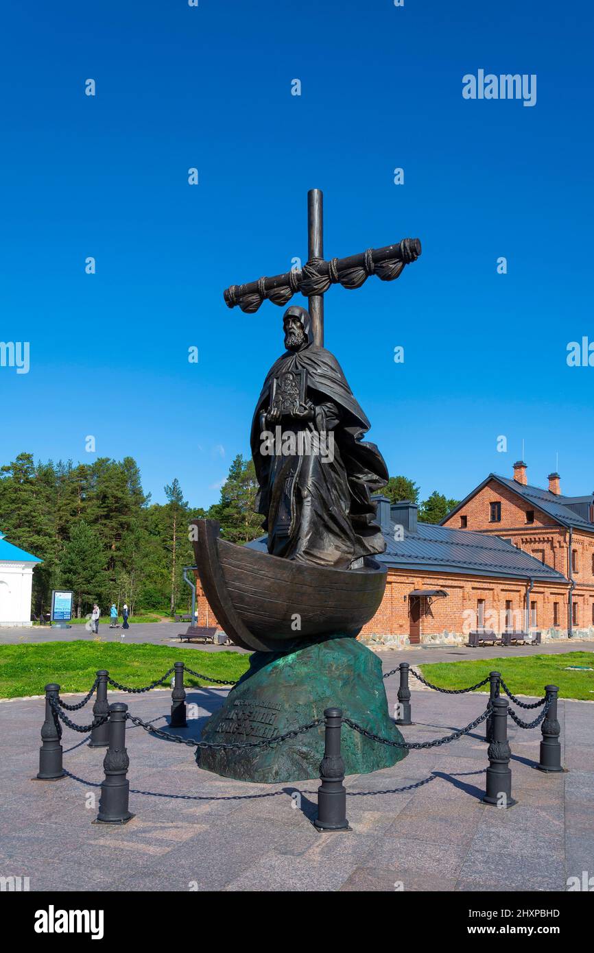 Monument to the Monk Arseniy Konevsky on the island of Konevets on Lake Ladoga Stock Photo