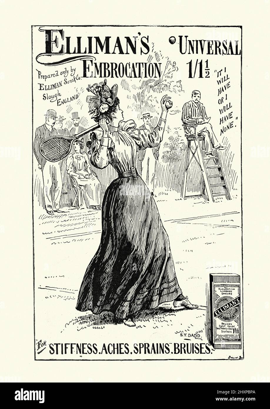 Victorian advert for Elliman's universal embrocation, Woman playing a game of tennis, 19th Century Stock Photo