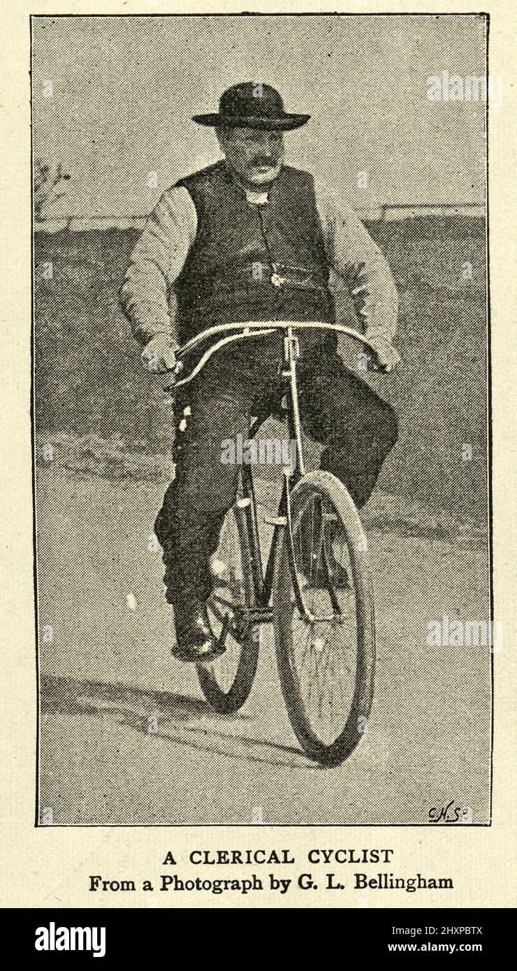 Vintage photograph of a vicar riding a bicycle, a clerical cyclist, 1895 Stock Photo