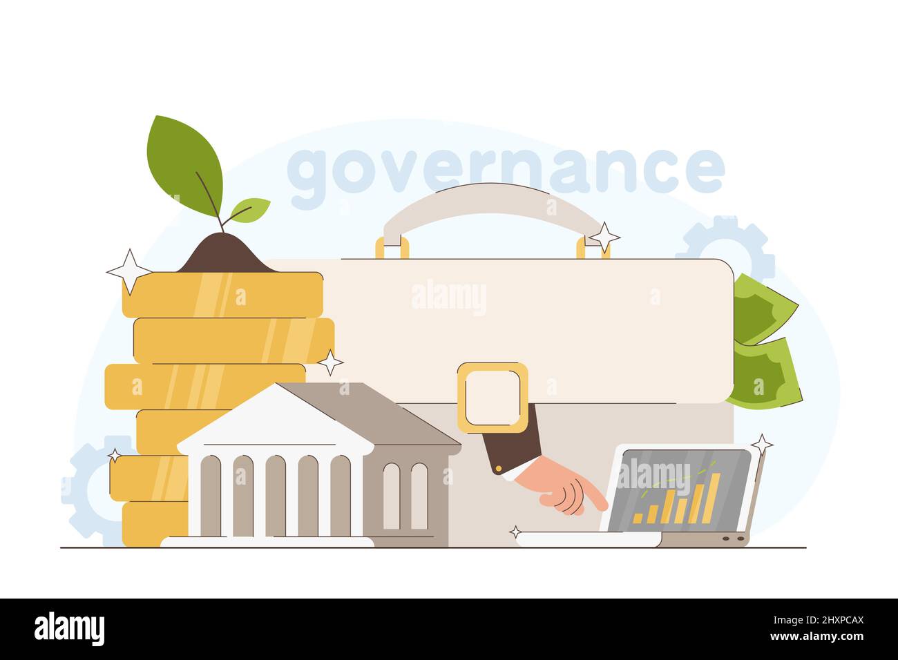 ESG flat vector illustration. Environmental, social and governance investment in sustainable economic projects. Business investors, responsibility investing of finance in company. Stock Vector