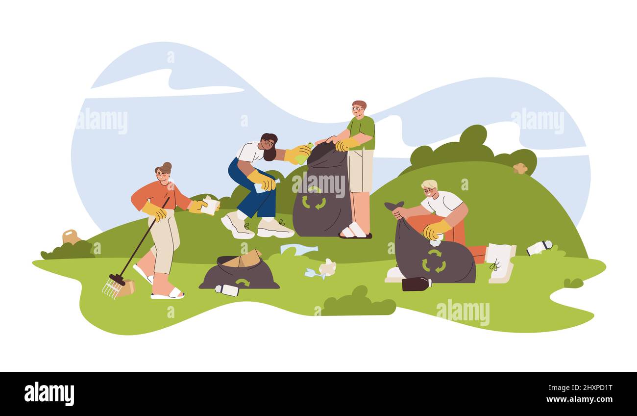 Flat volunteers collecting different garbage, pick up rubbish in public