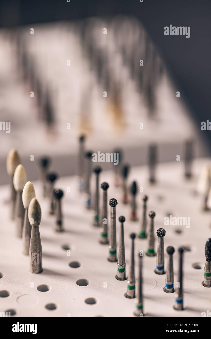 Set of dental bur equipment. Dental hygiene tools for dental work Stock