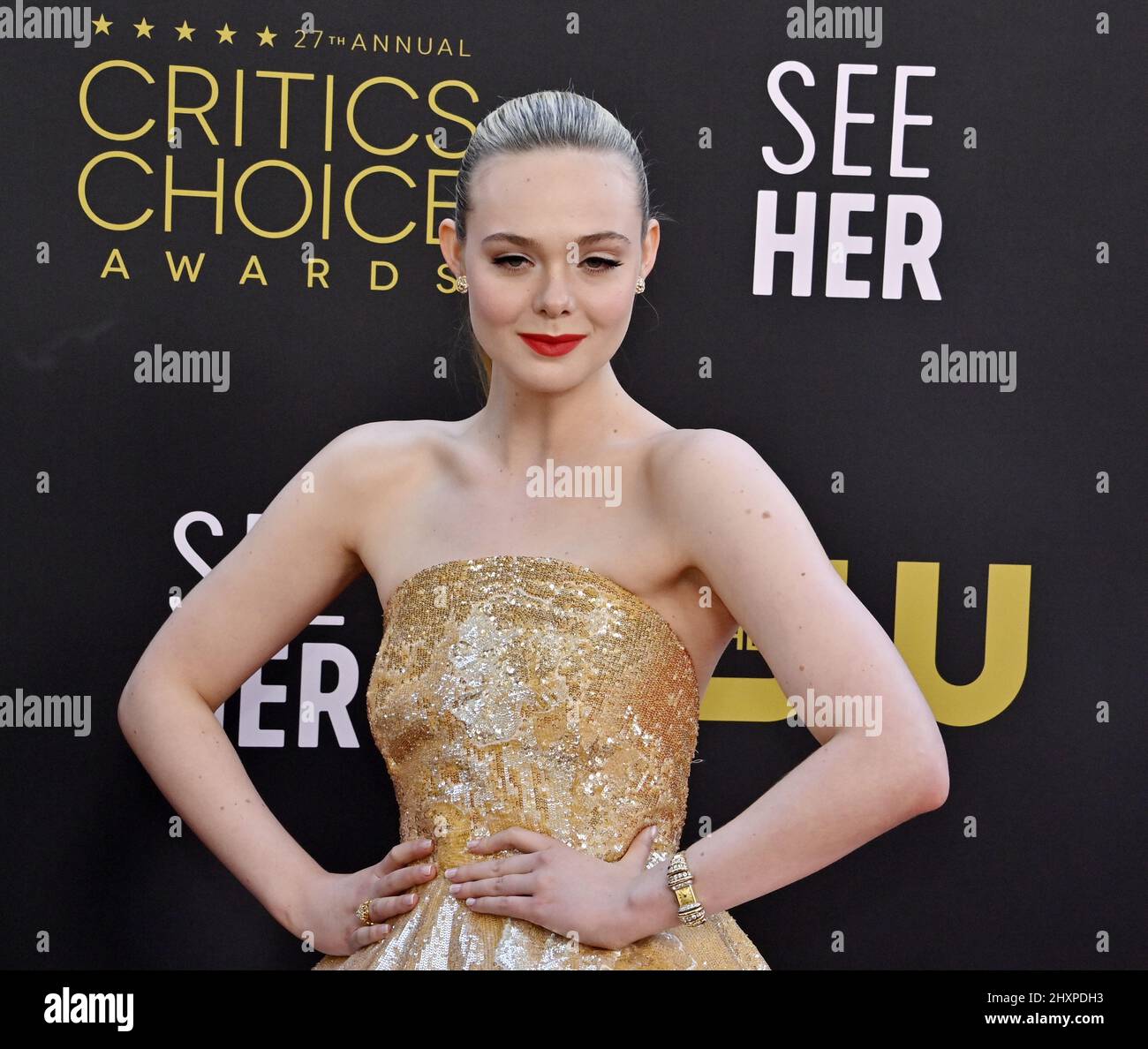 Los Angeles, United States. 14th Mar, 2022. Elle Fanning attends the 27th annual Critics Choice Awards at the Fairmont Century Plaza on Sunday, March 13, 2022. Credit: UPI/Alamy Live News Stock Photo