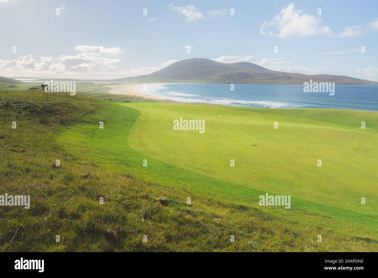 Beautiful sunny day at the coastal links golf course Harris Golf Club at Scarista on the Isle of Lewis and Harris in the Outer Hebrides of Scotland, U Stock Photo