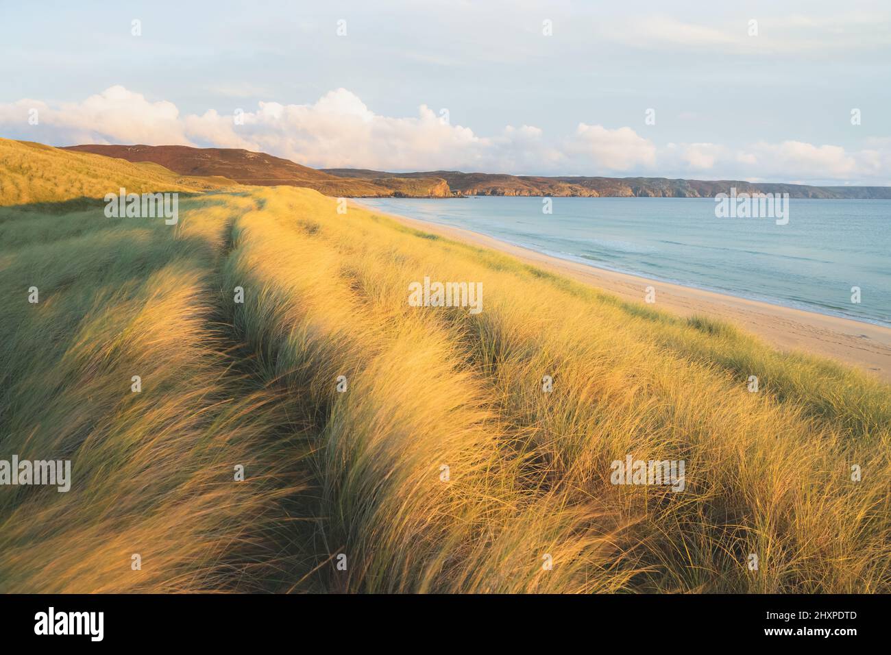 Scenic seascape landscape of Traigh Mhor Beach and grassy dunes at North Tolsta on the Isle of Lewis and Harris in the Outer Hebrides of Scotland, UK. Stock Photo