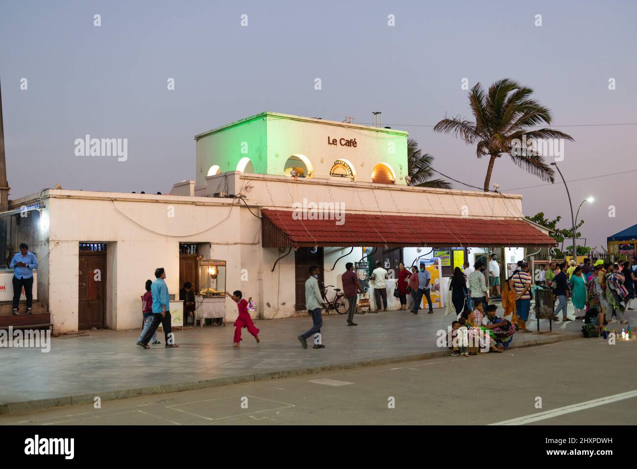 Pondicherry, India - 12 March 2022: Le cafe on the Promenade by the sea Stock Photo