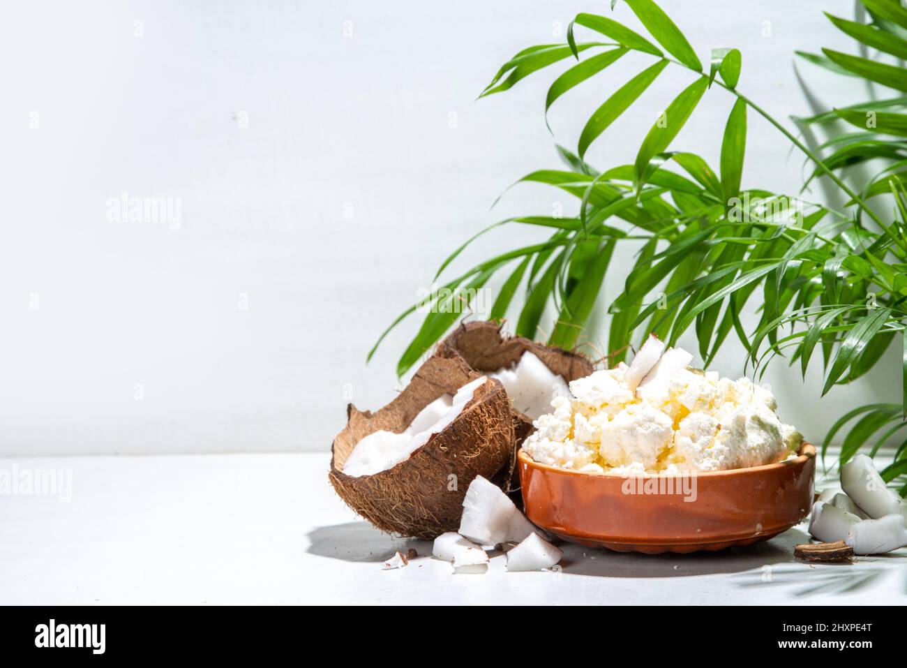 Homemade coconut cottage cheese. Vegan coconut nondairy cottage cheese product, vegetarian diet