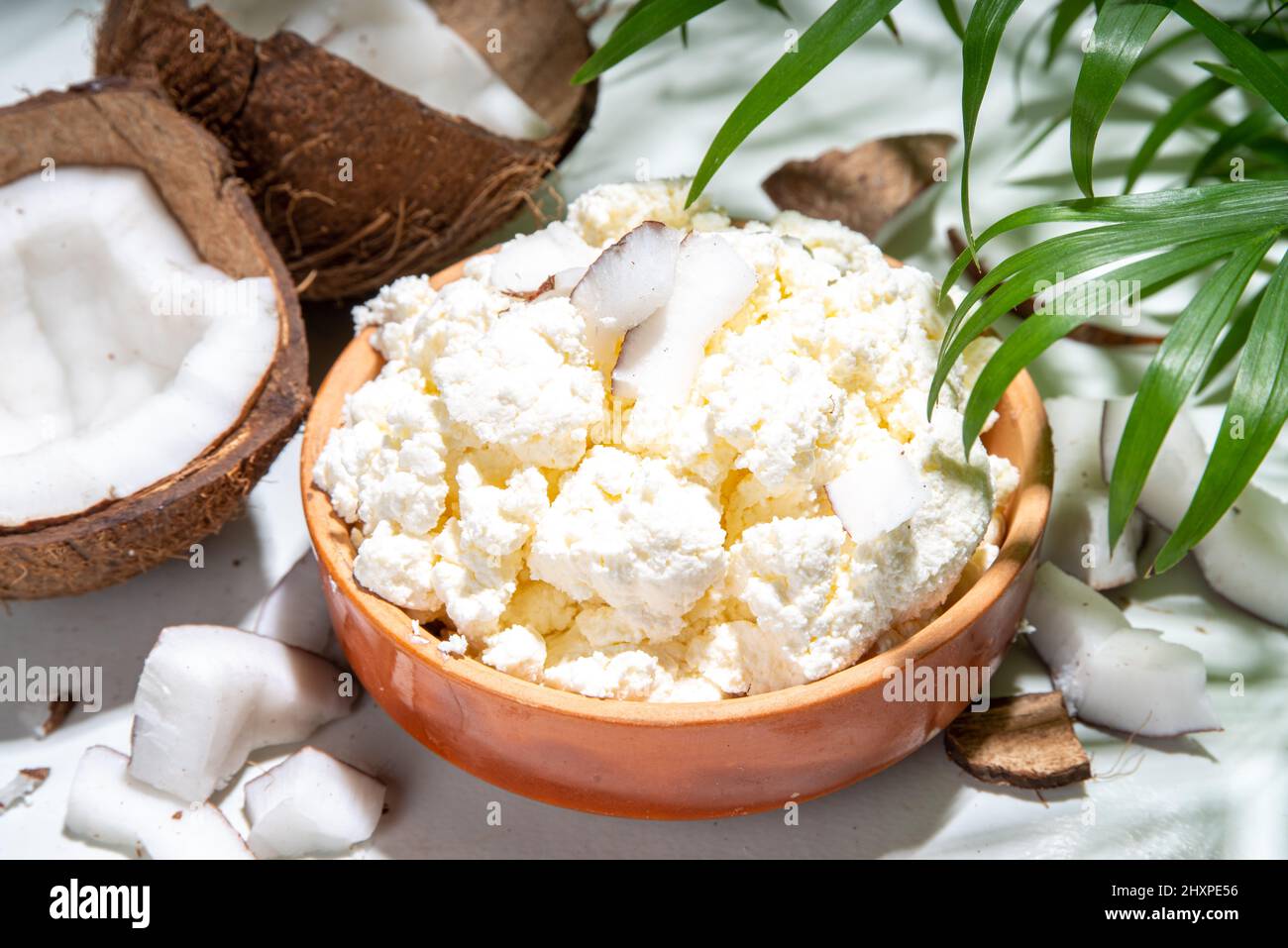 Homemade coconut cottage cheese. Vegan coconut nondairy cottage cheese product, vegetarian diet