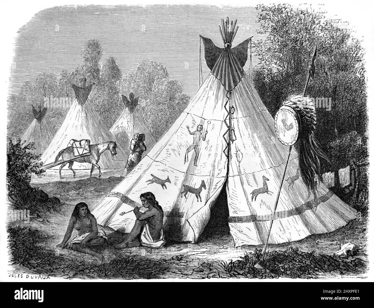 Comanche Native American Village or Camp with Tipis, Tepees or Teepee, in the Great Plains Region US, USA or United States of America. Vintage Illustration or Engraving 1860. Stock Photo