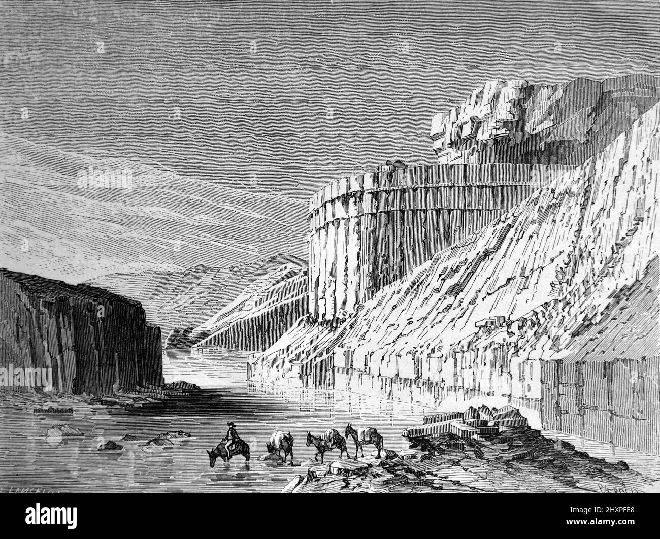 Rocks Formations, Canyon and Cliffs Above the Rio Grande River near  Santo Domingo Pueblo New Mexico US, USA or United States of America. Vintage Illustration or Engraving 1860. Stock Photo