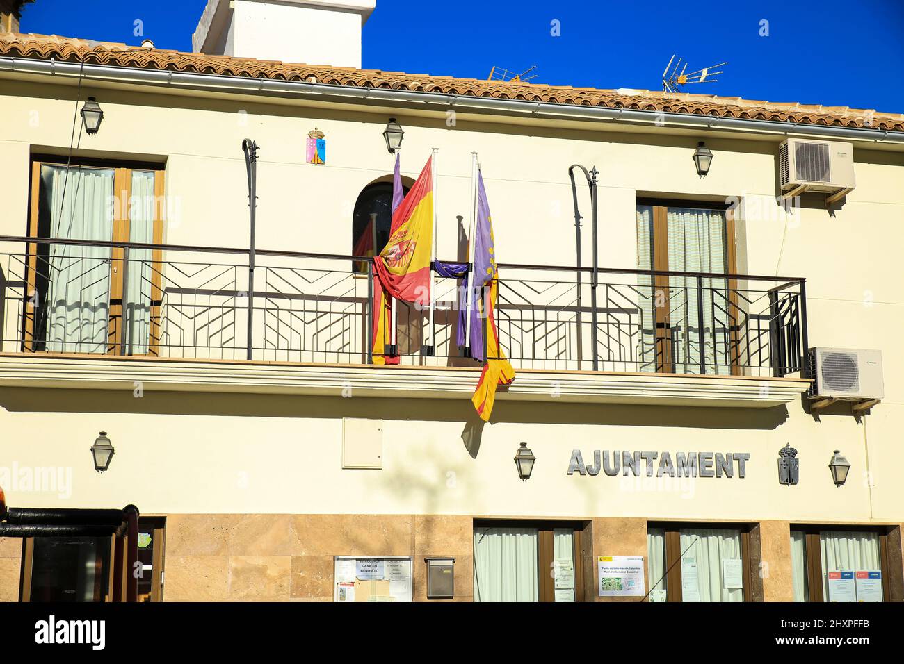 Confrides, Alicante, Spain February 4, 2022 Town hall facade in Confrides village in winter