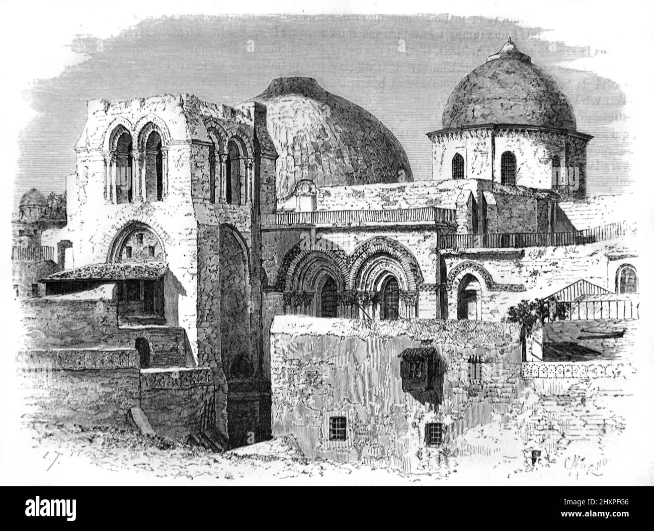 Church of the Holy Sepulchre, showing the c12th bell tower or belfry, the rotunda and catholicon domes, in the Christian Quarter of the Old City Jerusalem Israel. Vintage Illustration or Engraving 1860. Stock Photo