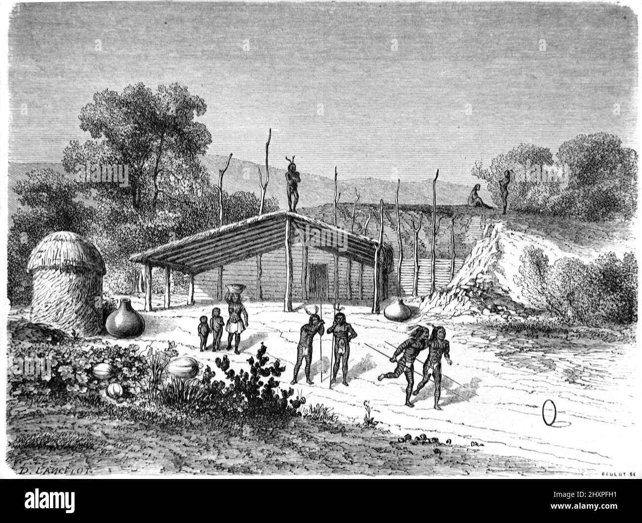 Game of Hoops, Hoop Rolling or Hoop Trundling Among the Mohave, Mohaves, Mojaves or Mojave Native Americans US, USA or United States of America. Vintage Illustration or Engraving 1860. Stock Photo