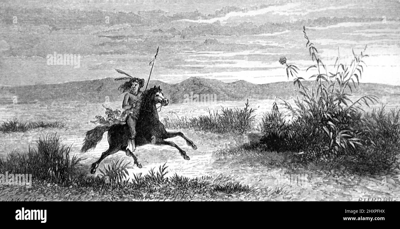 Mojave or Mohave Indian, Native American or Indigenous People Riding Horeback or Horseman US, USA or United States of America. Vintage Illustration or Engraving 1860. Stock Photo