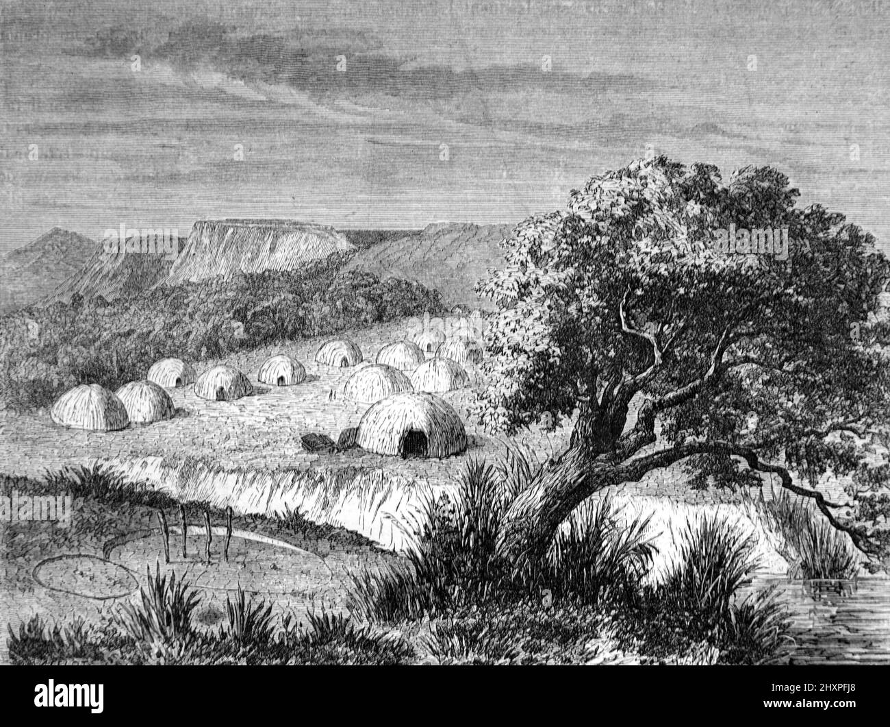 Kiowa Huts and Village of Native American or Indigenous Kiowa People of the Great Plains Region Oklahoma US, USA or United States of America. Vintage Illustration or Engraving 1860. Stock Photo