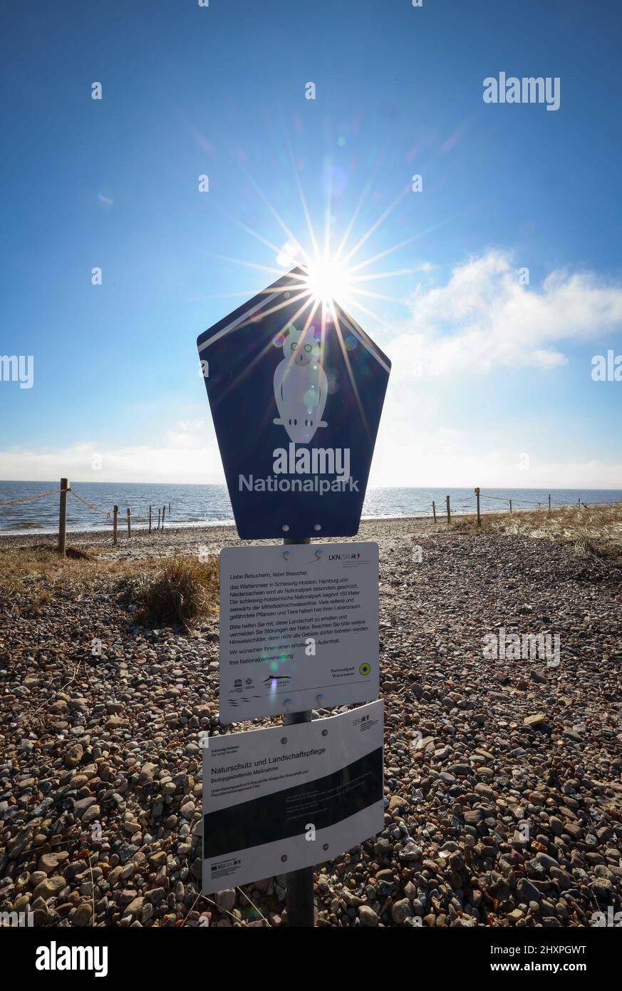 Witsum, Germany. 04th Mar, 2022. A 'National Park' sign stands on the beach next to the Godelniederung conservation area at the mouth of the Godel near Witsum on the North Sea island of Föhr. Credit: Christian Charisius/dpa/Alamy Live News Stock Photo