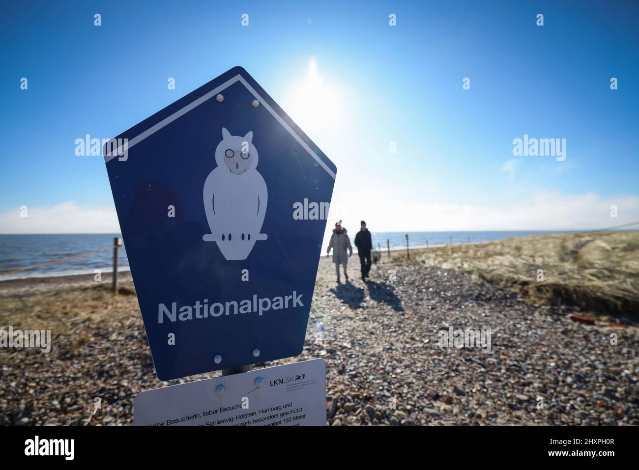 Witsum, Germany. 04th Mar, 2022. A 'National Park' sign stands on the beach next to the Godelniederung conservation area at the mouth of the Godel near Witsum on the North Sea island of Föhr. Credit: Christian Charisius/dpa/Alamy Live News Stock Photo