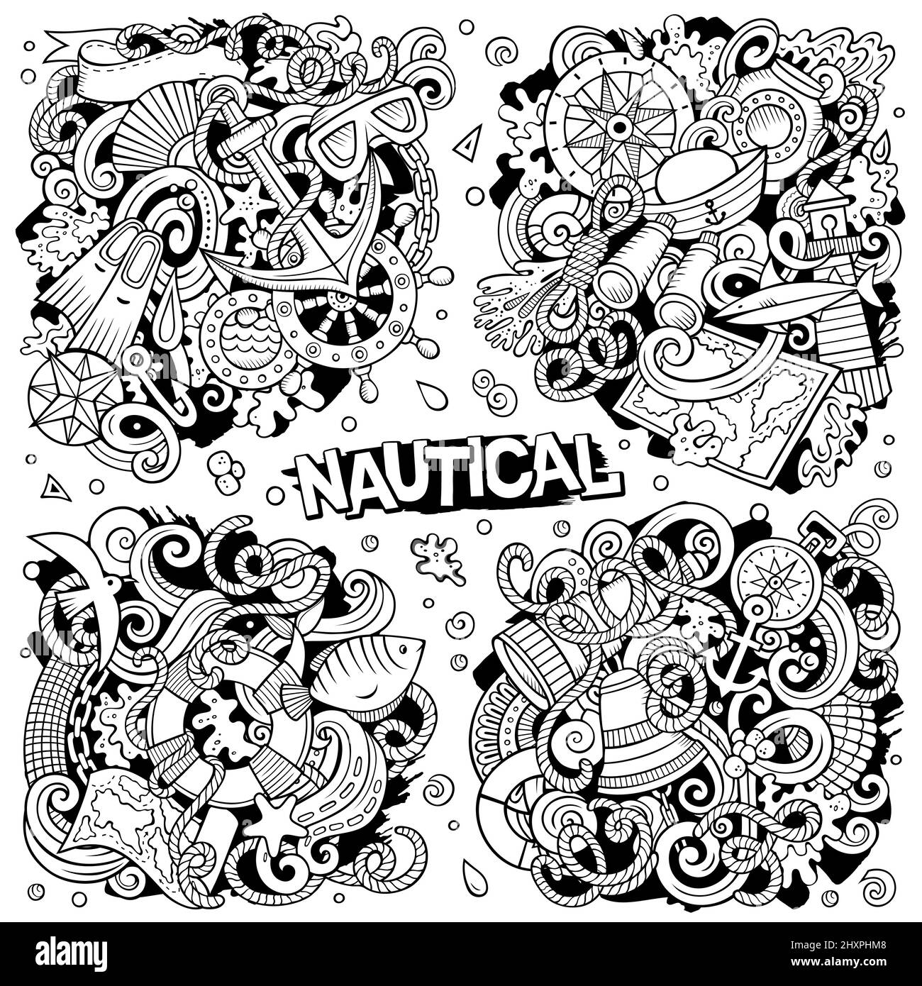 Nautical cartoon vector doodle designs set. Sketchy detailed compositions with lot of maritime objects and symbols. All items are separate Stock Vector