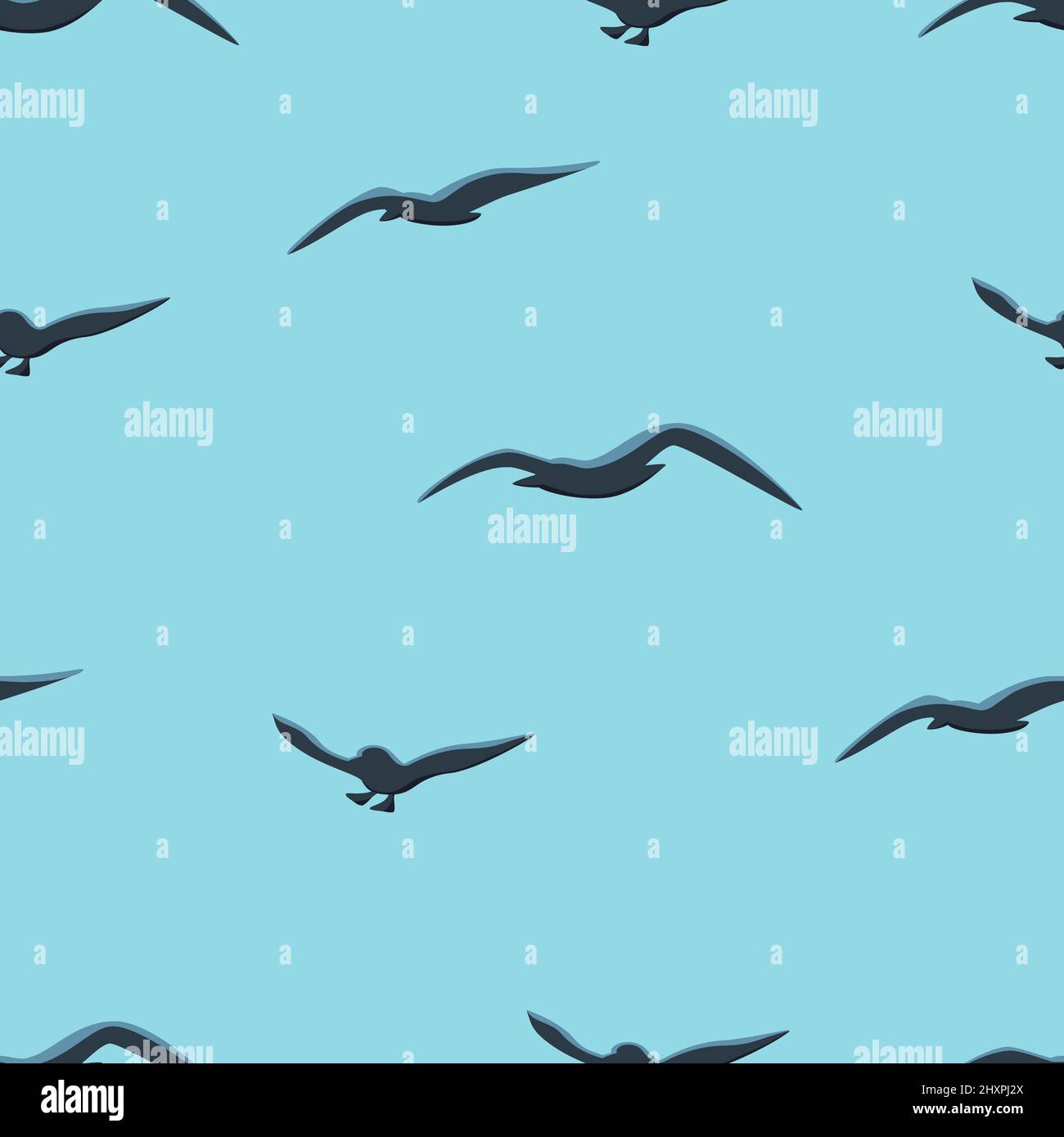 Seagulls seamless pattern. Dark gulls flying on light blue background. Marine vector endless pattern Stock Vector
