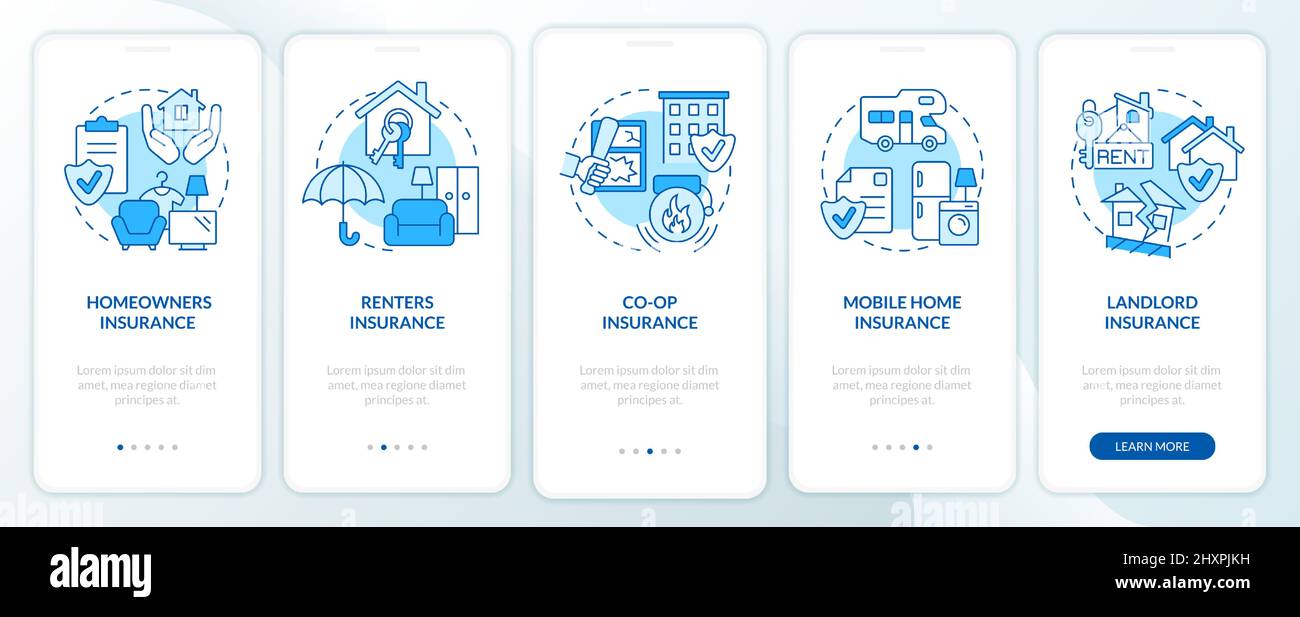 Property insurance types blue onboarding mobile app screen Stock Vector