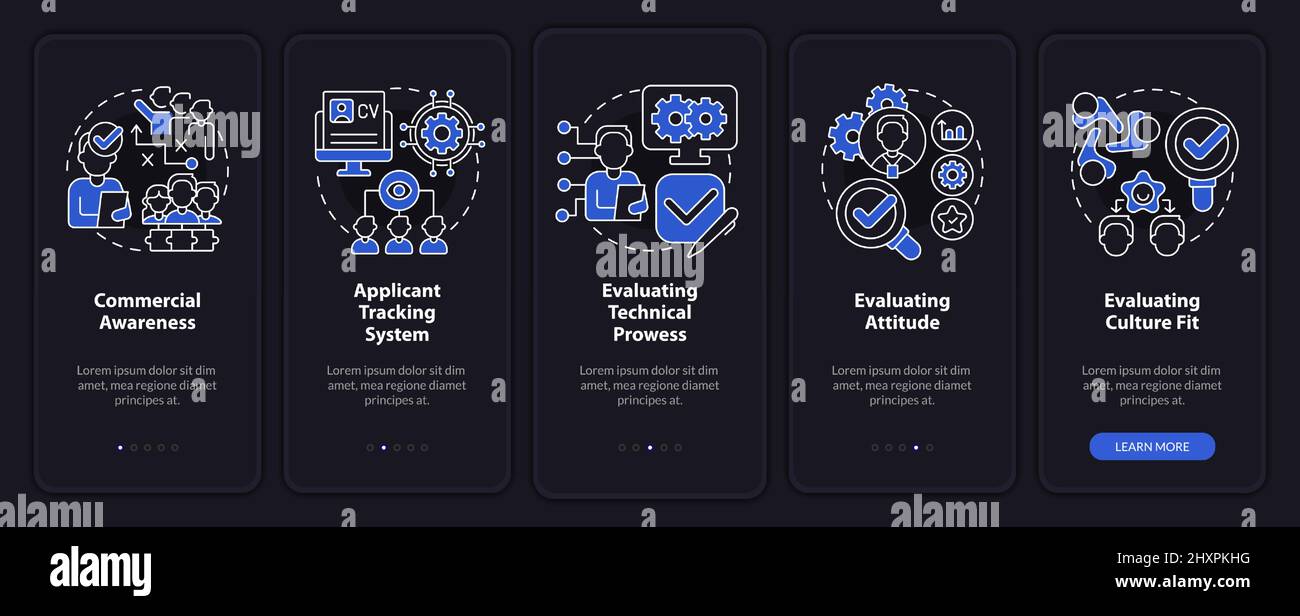 HR skills in business night mode onboarding mobile app screen Stock ...