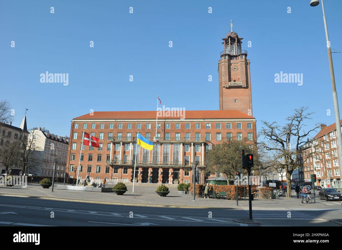 Frederiksberg/Copenhagen/Denmark.14.March 2022/Ukrainian lag along with danish flag fly in yard of Frederiksberg town hall to pay respect to Ukrainian people thier war against Russia and urkianian nation..    (Photo..Francis Dean/Dean Pictures) Stock Photo