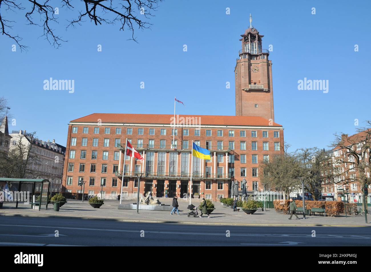Frederiksberg/Copenhagen/Denmark.14.March 2022/Ukrainian lag along with danish flag fly in yard of Frederiksberg town hall to pay respect to Ukrainian people thier war against Russia and urkianian nation..    (Photo..Francis Dean/Dean Pictures) Stock Photo