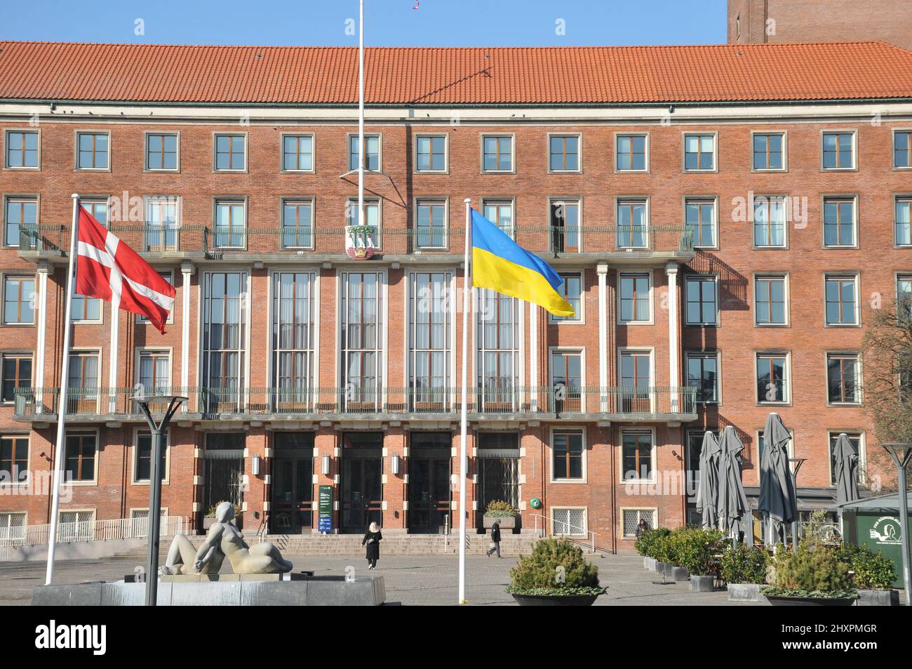 Frederiksberg/Copenhagen/Denmark.14.March 2022/Ukrainian lag along with danish flag fly in yard of Frederiksberg town hall to pay respect to Ukrainian people thier war against Russia and urkianian nation..    (Photo..Francis Dean/Dean Pictures) Stock Photo