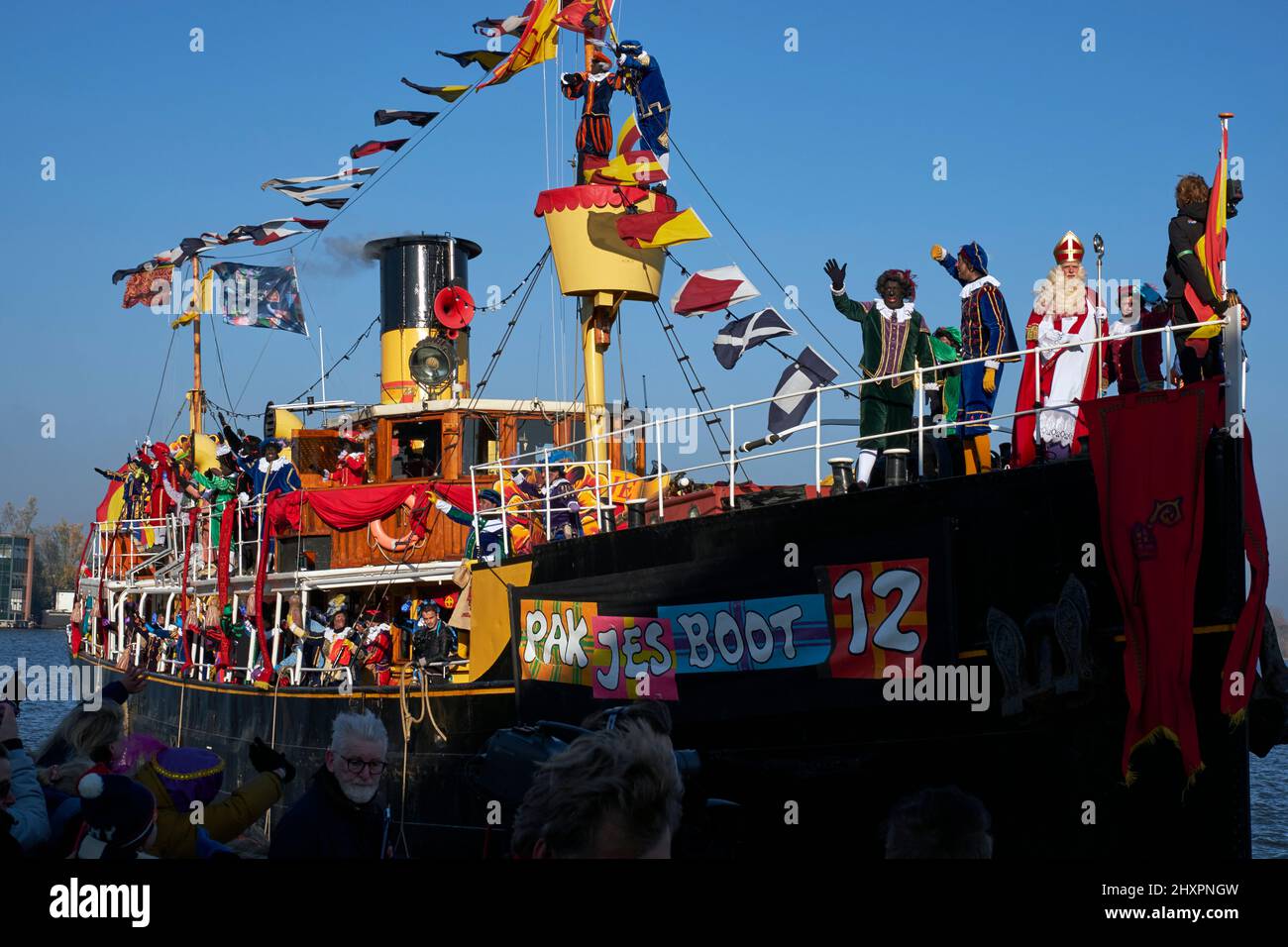 The boat in which St. Nicholas and his assistants arrives in the city Zaandam Stock Photo