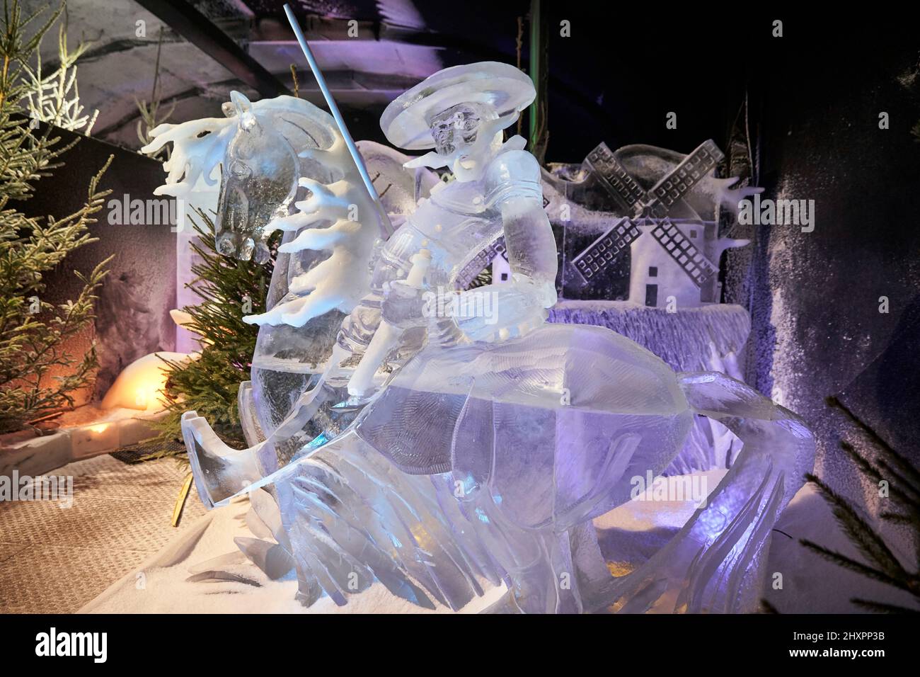 Ice sculpture of Don Quixote next to the mills Stock Photo