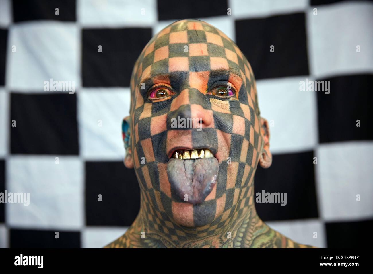 Matt Gone has his body completely tattooed, so he has obtained Guinness World Records in Amsterdam Stock Photo