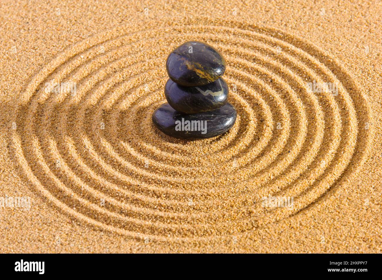 Japanese ZEN garden with yin yang stone in textured sand Stock Photo