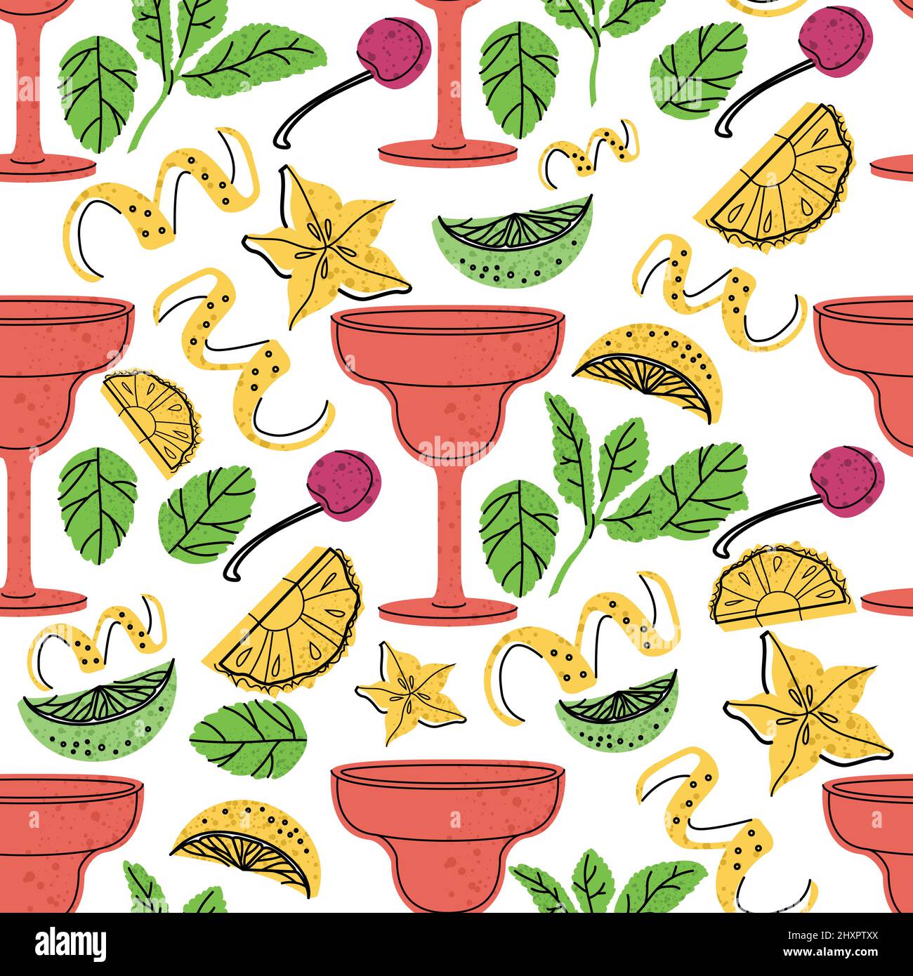 Seamless pattern - bar cocktail with fruits illustration. Cocktail garnish.  Stock Vector