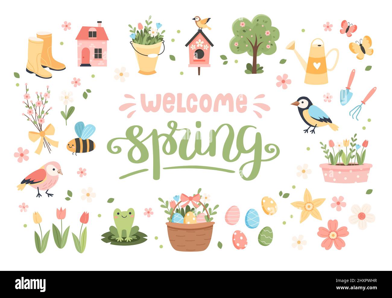 Welcome spring elements collection - lettering with cute birds, bees, flowers, butterflies. Easter eggs. Hand drawn flat cartoon elements. Vector Stock Vector