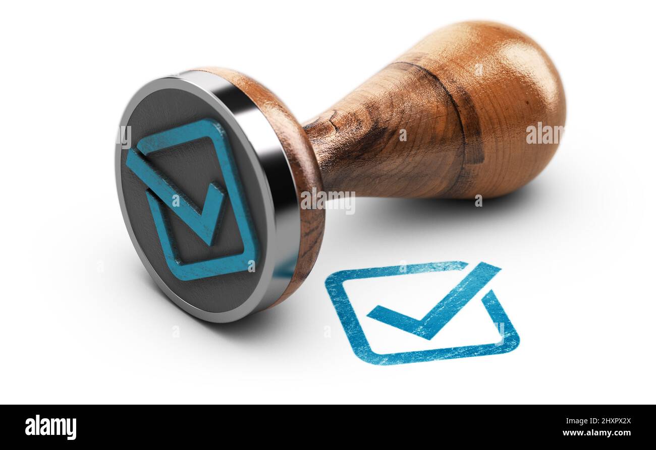 Blue check mark and rubber stamp over white background. 3d illustration. Stock Photo