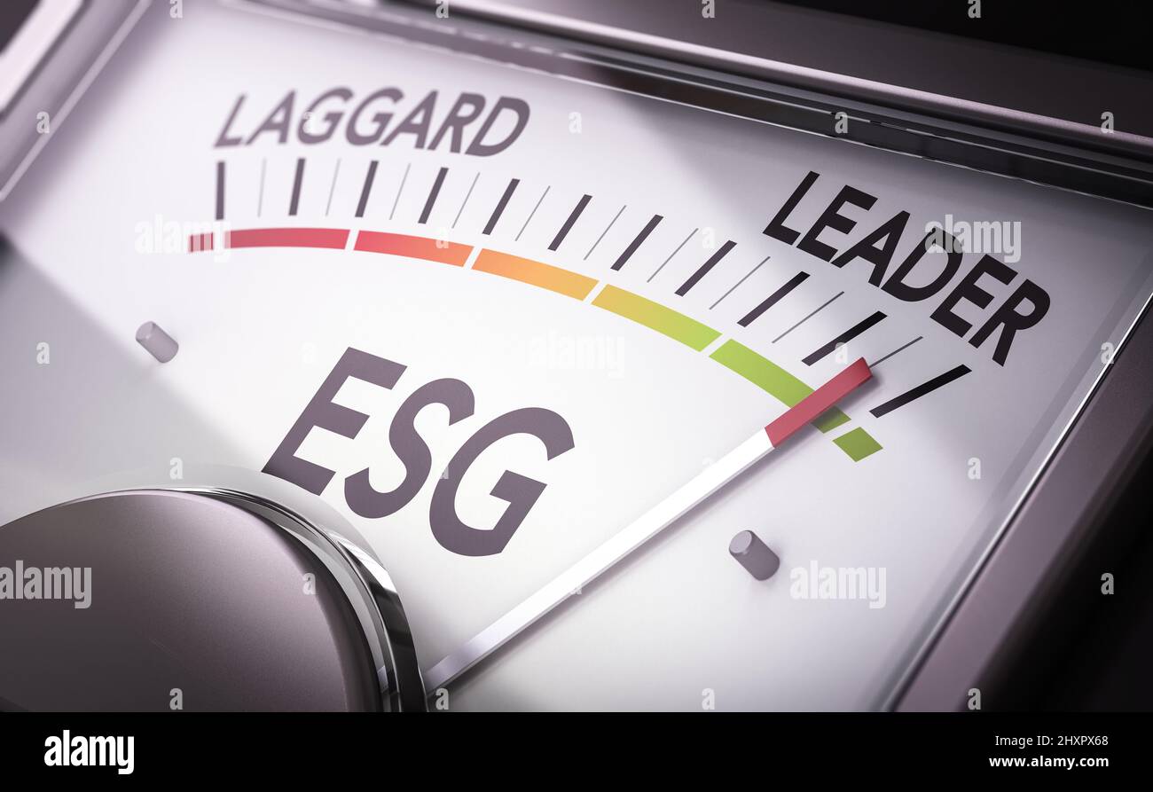 Close up of a dial for ESG Rating, Environmental, Social and Corporate Governance score. 3D illustration. Stock Photo