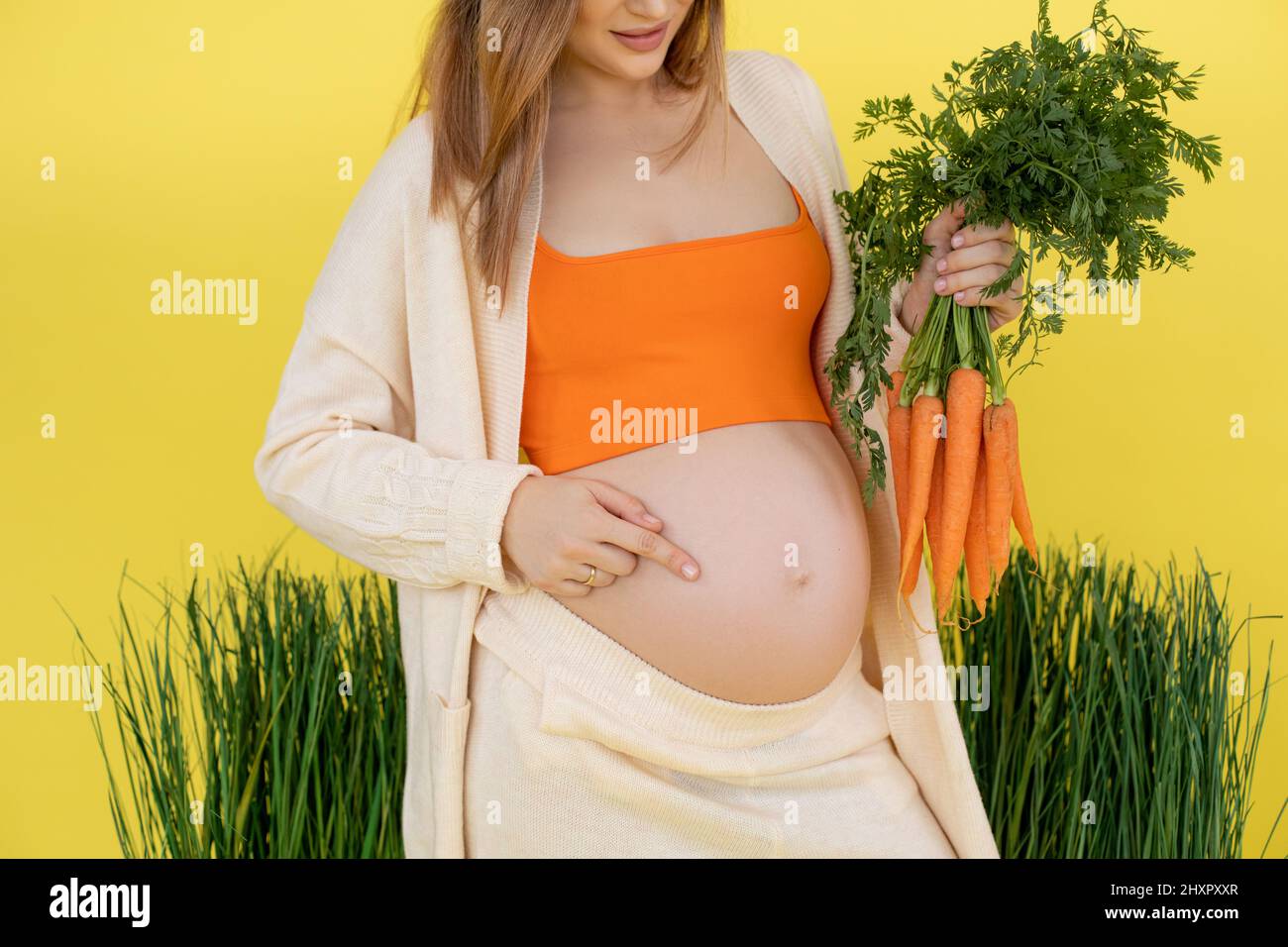 Cropped photo of pregnant woman near high level grass, holding tummy with bunch raw carrots. Mother body care. Yellow Stock Photo