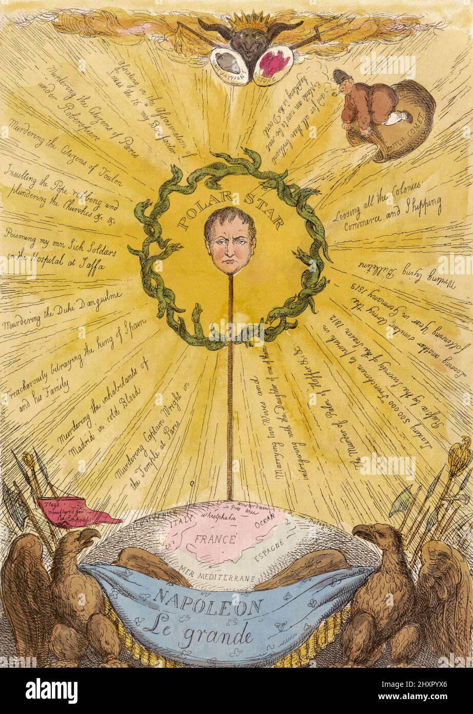 Satirical political cartoon of Napoleon the Great as the ever-shining pole star.  Above him, the Devil flanked by two mottoes, Heart of a Tyrant and Vulture, and text surrounding his snake-encircled head listing his most contentious deeds.  After an 1813 print by Thomas Rowlandson using elements of an earlier ingratiating work by Alexandre Tardieu. Stock Photo