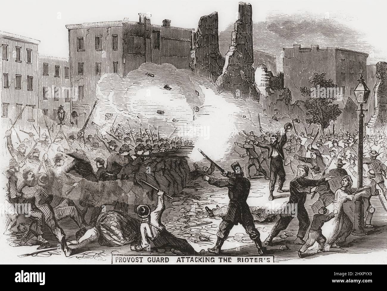 Provost Guards attacking the rioters.  New York draft riots, 13 - 16 July, 1863.  The riots occured in response to Congress passing a law to draft men to fight in the American Civil War.  In the incident shown in the picture provosts unsuccesfully tried to disperse rioters with a volley of gunfire. The mob turned on them, injuring 14 soldiers and possibly killing one. Stock Photo