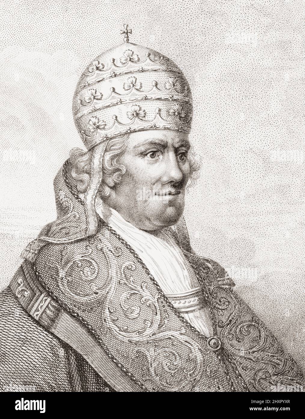 Pope Clement XIV, 1705 – 1774.  Italian.  Born Giovanni Vincenzo Antonio Ganganelli.  He was elected Pope in 1769.  Detail of a 1784 portrait by Trotter. Stock Photo