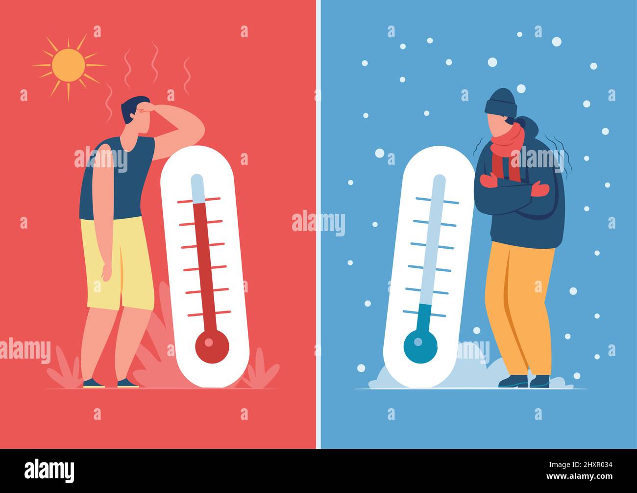 Male character in hot and cold weather with outdoor thermometer. Person sweating or freezing, summer vs winter season vector illustration. Extreme weather conditions, outside temperature Stock Vector