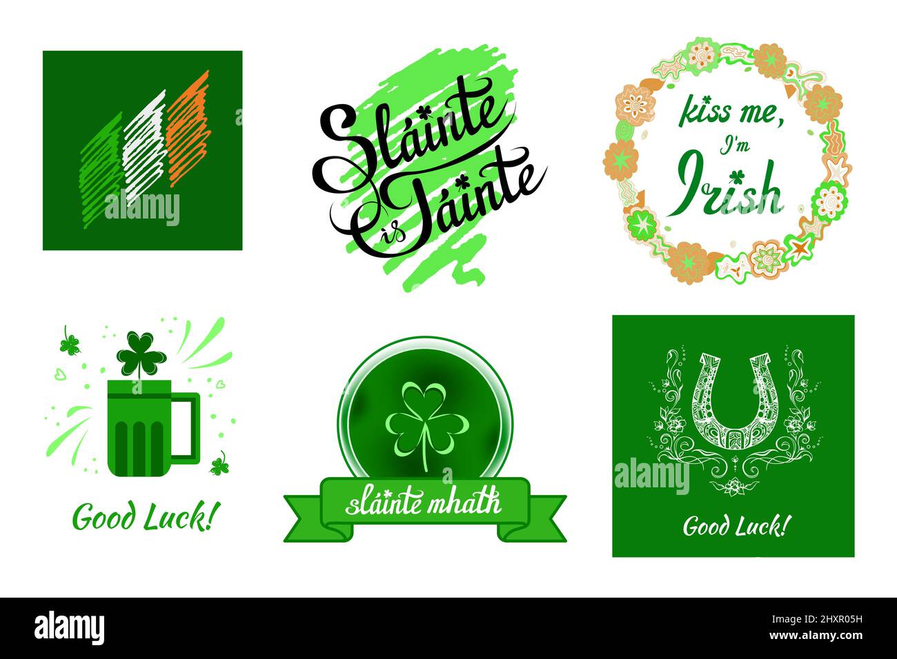 Set of images related to Ireland, St. Patrick day. Flag, shamrock shield, wreath, horseshoe, beer, wish of luck, health Stock Vector